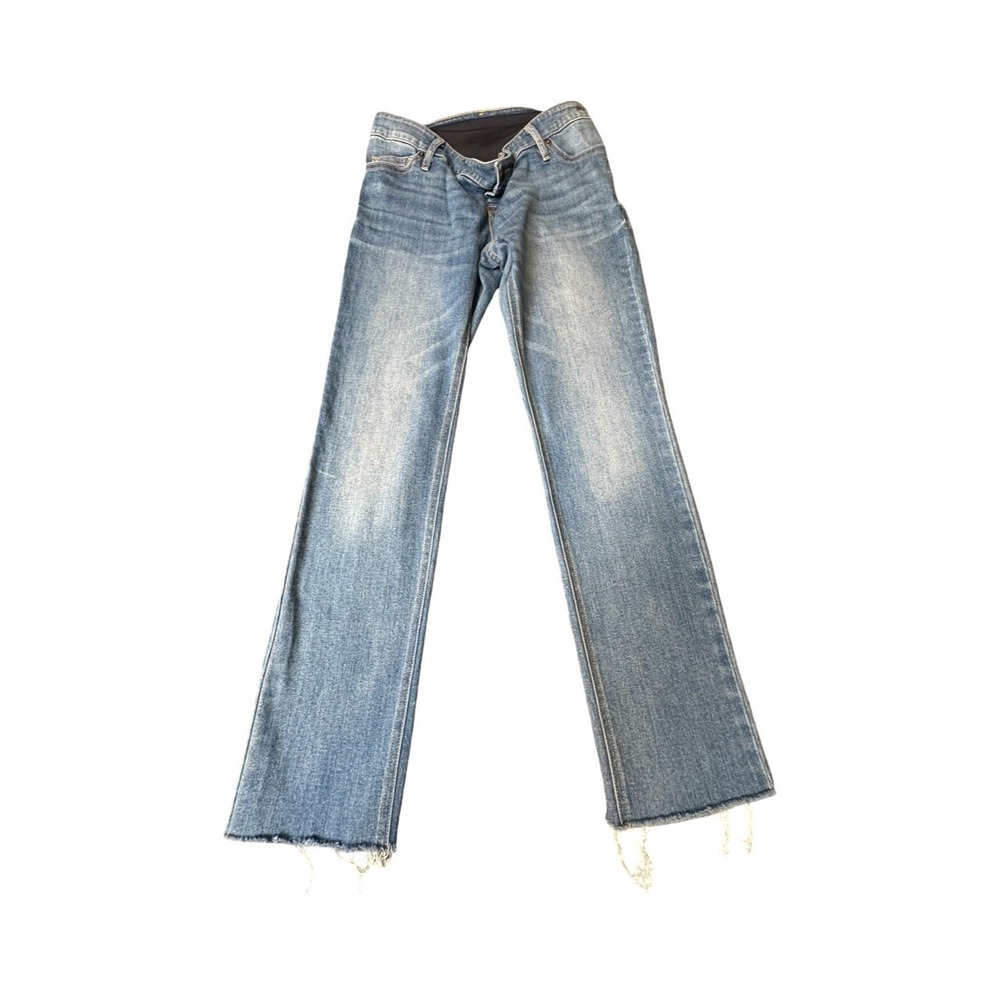 Express Jeans Womens 4 Blue Straight Leg Raw Hem Medium Wash Stretch Denim
